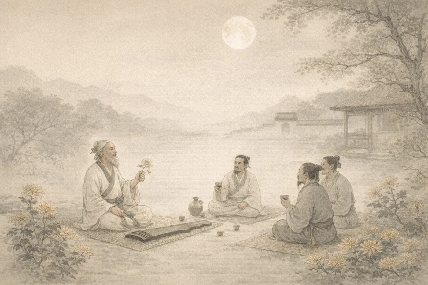 陶渊明赏菊典故配图